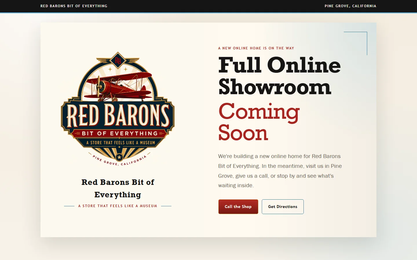 Red Barons Bit of Everything work-in-progress homepage showing the shop logo and Coming Soon message.