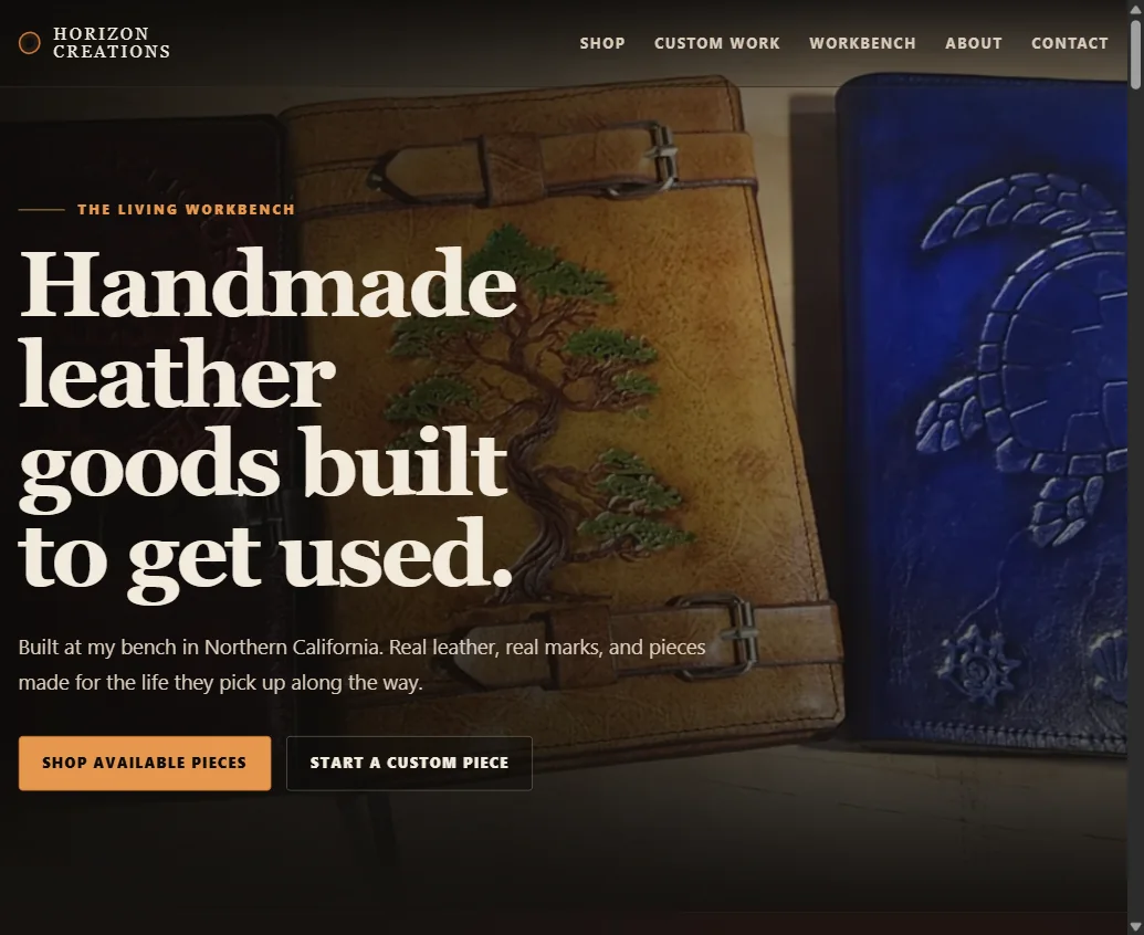Horizon Creations handmade leather website running as a live Malone owner-operated system.